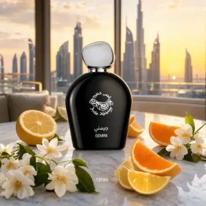 Parfum Gemini Anfas Al Khaleej - Flacon noir luxueux sur table en marbre avec agrumes frais et vue sur Dubaï.