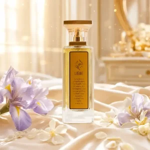 Parfum Liebe Anfas Al Khaleej - Flacon élégant sur soie avec fleurs d'iris dans une ambiance romantique et dorée.