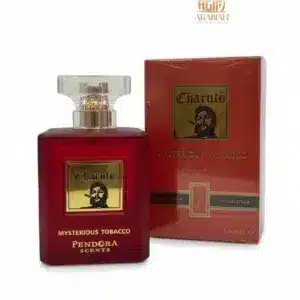 Flacon rouge Charuto Mysterious Tobacco Pendora Scents avec sa boîte assortie.