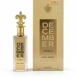 Flacon doré December Vanilla Paris Corner avec capuchon fleur de lys et son coffret.