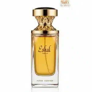 Flacon Eshal Vanilla de Paris Corner avec liquide ambré et capuchon doré luxueux.