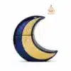 Flacon de parfum Mehwish en forme de croissant de lune bleu et doré, Arabian Luxury Perfumes.