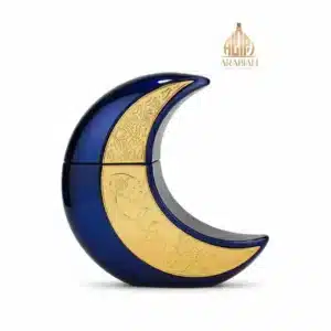 Flacon de parfum Mehwish en forme de croissant de lune bleu et doré, Arabian Luxury Perfumes.