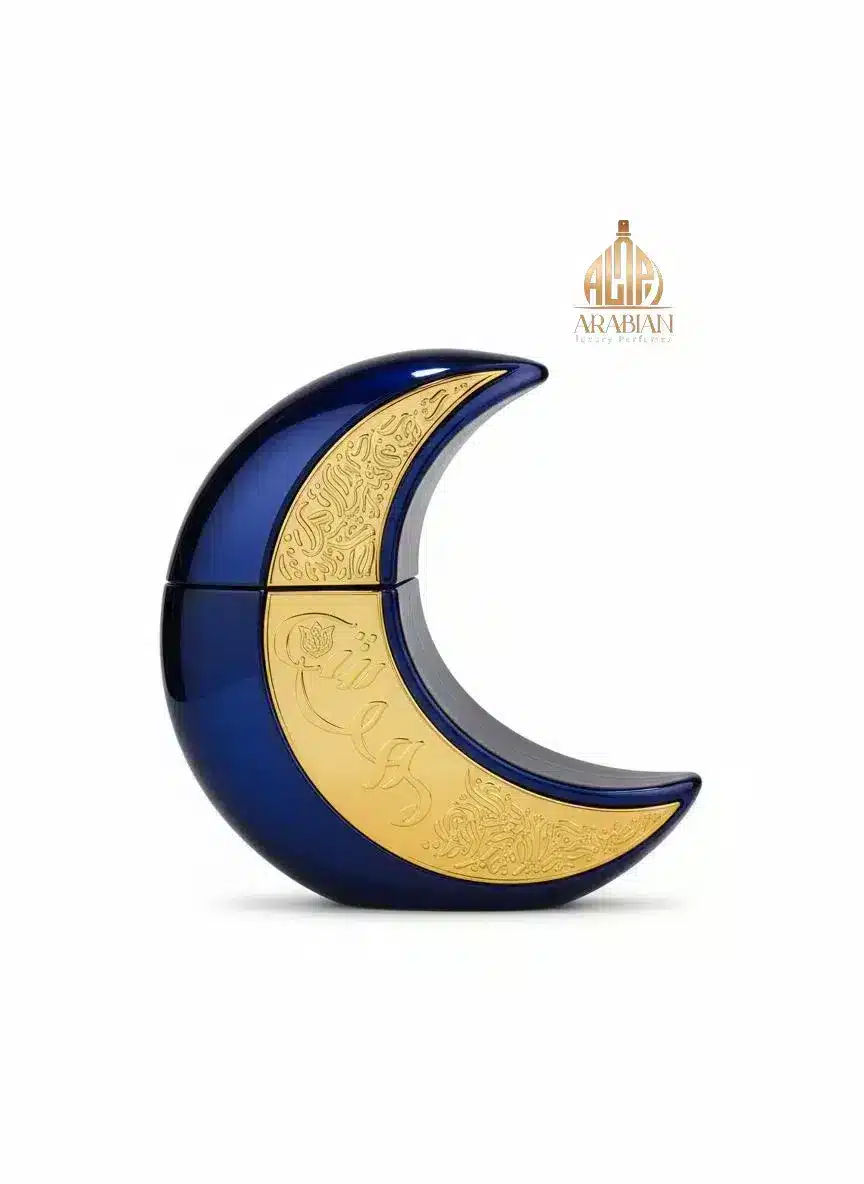 Flacon de parfum Mehwish en forme de croissant de lune bleu et doré, Arabian Luxury Perfumes.