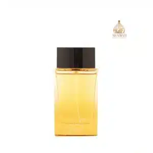 Flacon rectangulaire transparent du parfum Kalemat, liquide ambré et bouchon noir élégant.