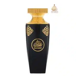 Flacon de parfum Madawi 100ml, design noir élégant avec gravures orientales dorées.