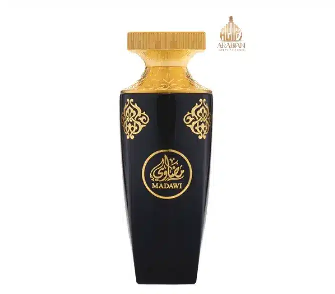 Flacon de parfum Madawi 100ml, design noir élégant avec gravures orientales dorées.