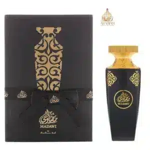 Coffret de luxe noir et or du parfum Madawi par Arabian Oud avec ruban de prestige.