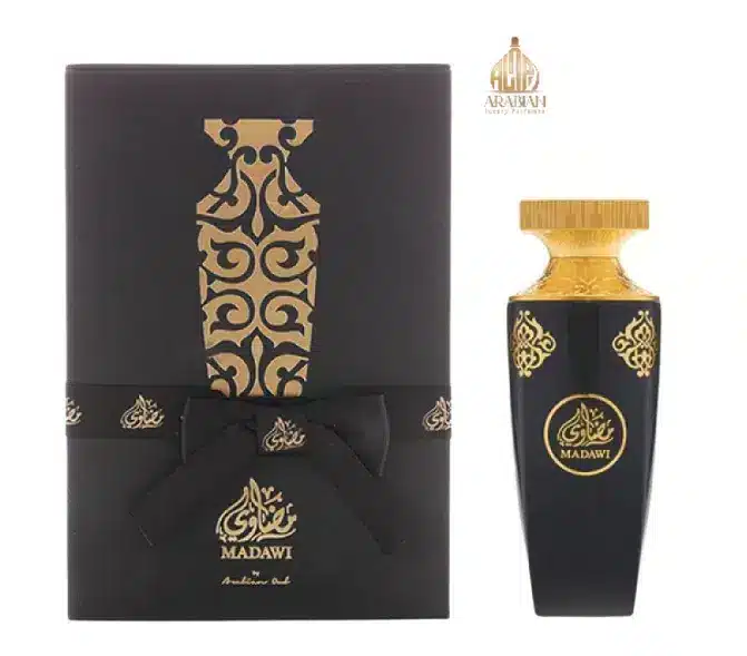 Coffret de luxe noir et or du parfum Madawi par Arabian Oud avec ruban de prestige.