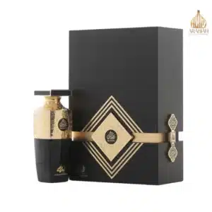 Coffret de luxe Madawi Gold Edition avec flacon 100ml et boîte noire géométrique élégante.