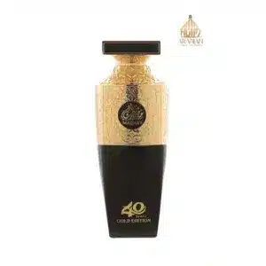 Flacon doré et noir Madawi Gold Edition 40 ans d'Arabian Oud, design luxueux aux motifs orientaux.