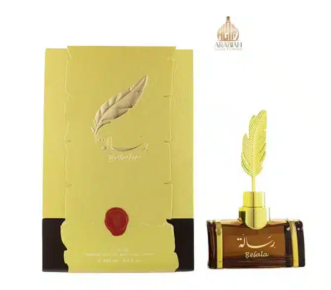 Coffret de luxe Resala d'Arabian Oud, boƮte jaune et or avec flacon 100ml et sceau de cire rouge.