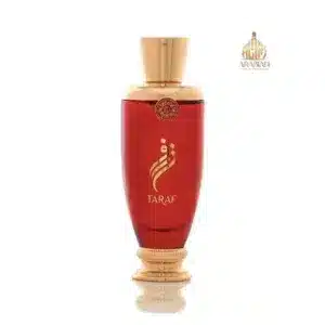 Flacon rouge et or du parfum Taraf d'Arabian Oud, design élégant avec calligraphie dorée.