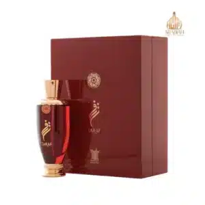 Coffret de luxe bordeaux Taraf d'Arabian Oud contenant le flacon 100ml sur socle de présentation.