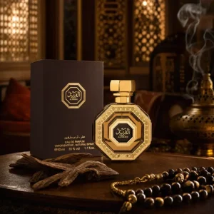 Parfum Al Fareed Arabian Oud - Flacon octogonal doré dans un décor oriental avec bois d'oud et encens précieux.