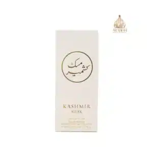 Coffret blanc et or du parfum Kashmir Musk d'Arabian Oud, 50ml, packaging de luxe oriental.