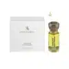 Flacon d'huile de parfum jaune Shaghaf Oud Tonka Swiss Arabian avec bouchon en bronze gravé.