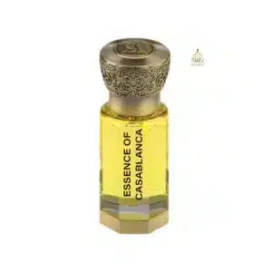 Flacon d'huile de parfum jaune Essence of Casablanca avec bouchon en bronze gravé